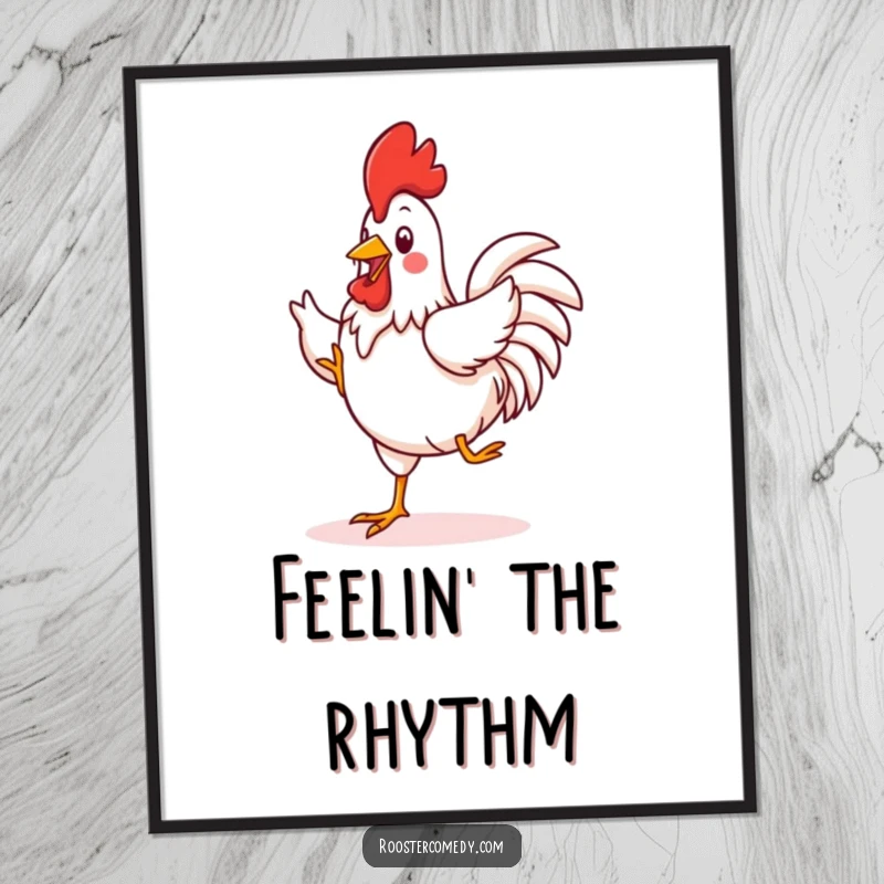 Funny Kawaii Rooster Digital Art: A high-resolution image of a cute rooster performing a silly jig, conveying funny energy and charm.