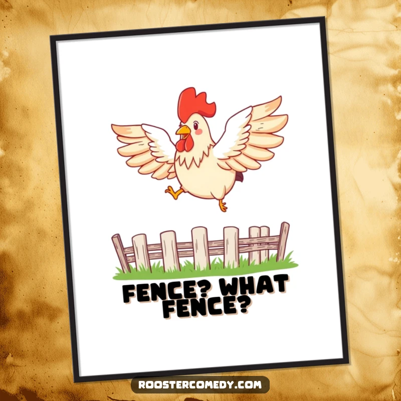 Funny leaping rooster digital art print of a bird with spread wings mid-leap over a fence, ready to inspire.
