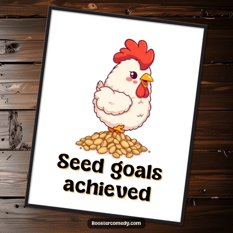 Funny fluffy rooster digital art print, happily pecking seeds, cheerful farm art, instant decor, great funny gift.