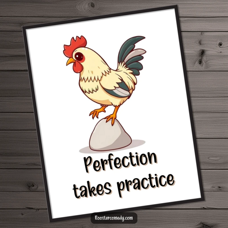 Funny Focused Rooster Digital Art Print, downloadable artwork of a rooster balancing on a pebble, intense focus, humorous bird art.