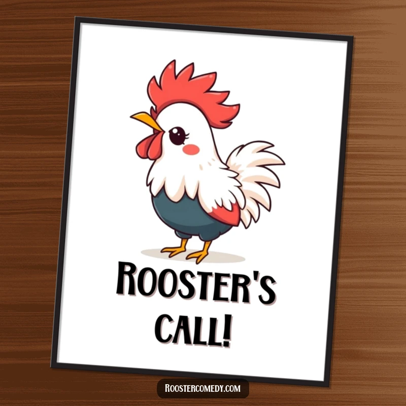 Funny kawaii rooster digital art print, a cute bird illustration crowing loudly, ideal funny decor.