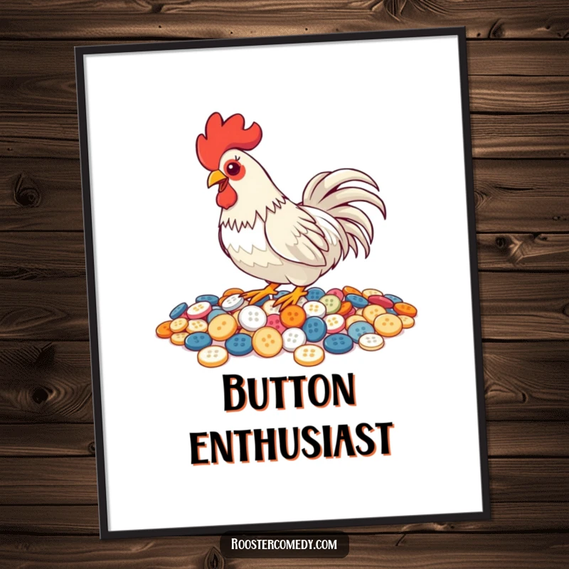 Funny Pecking Rooster Digital Art Print, downloadable artwork of a rooster pecking buttons, shiny and humorous bird art, instant decor.