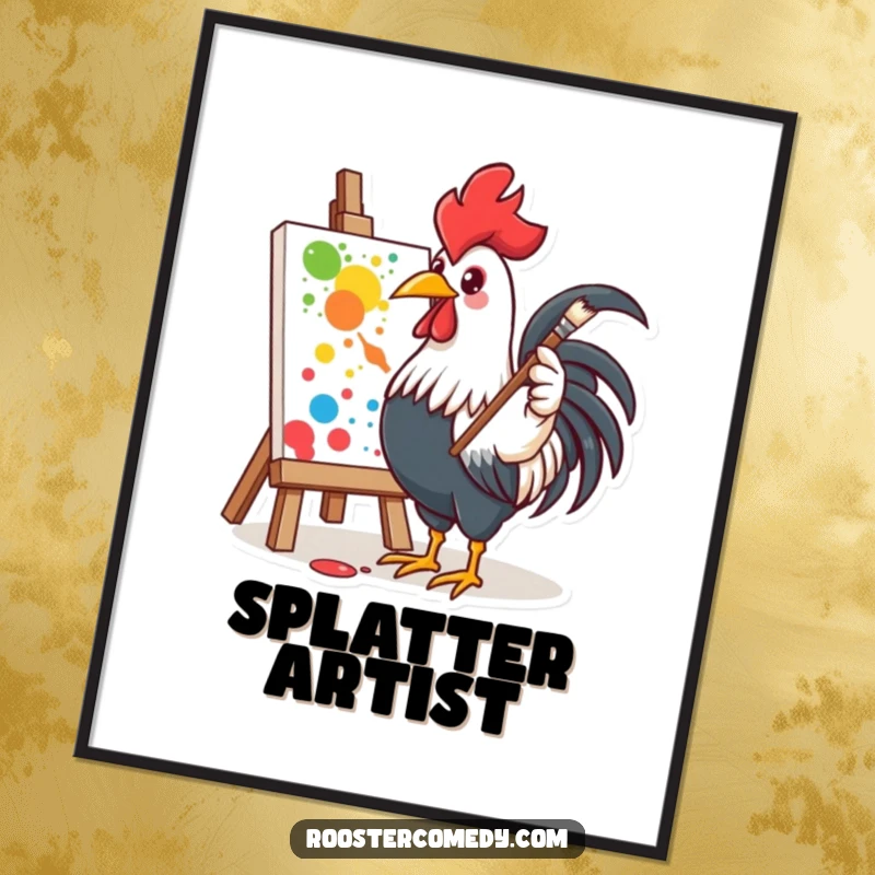 Funny digital art print of a rooster enthusiastically painting, ideal for humorous artistic wall decor.