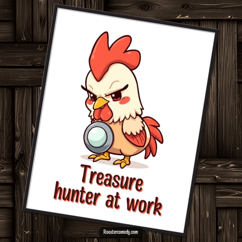Funny rooster digital art print, a mischievous rooster pecking a shiny button, perfect for quirky wall decor.