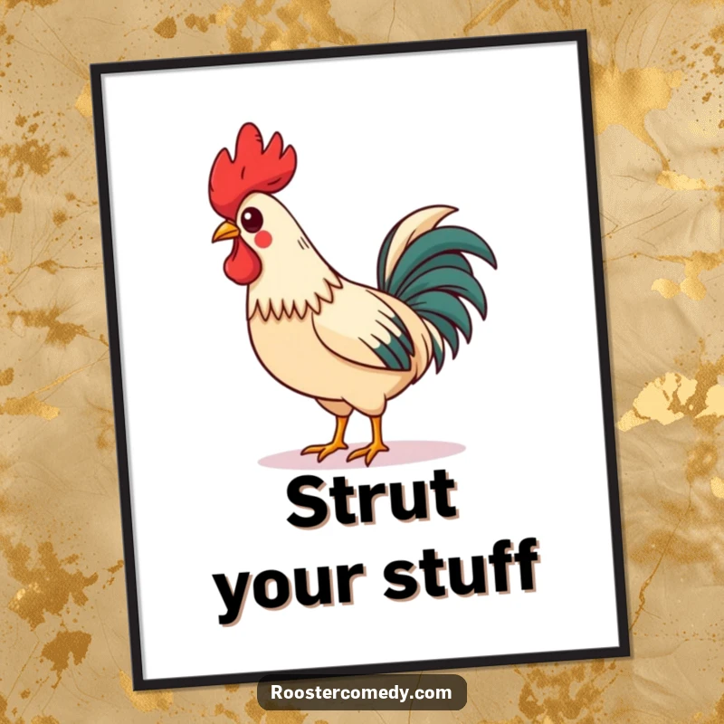 Funny Digital Art Print of a charming rooster with a tilted comb, confidently whistling and strutting, perfect for vibrant, humorous home decor.