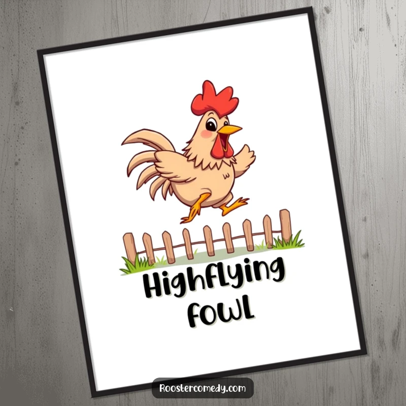 Funny Digital Art Print of a rooster with a wide, energetic grin, captured mid-jump over a low fence, perfect for vibrant decor.