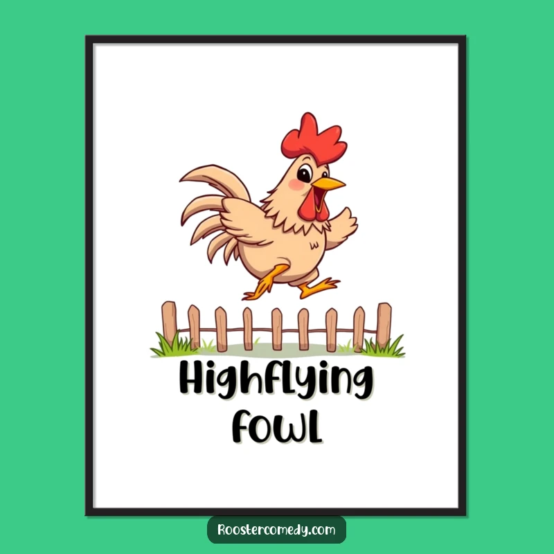 Funny Rooster Digital Art: Energetic Jump Print, Wide Grin, Humorous Gift Decor