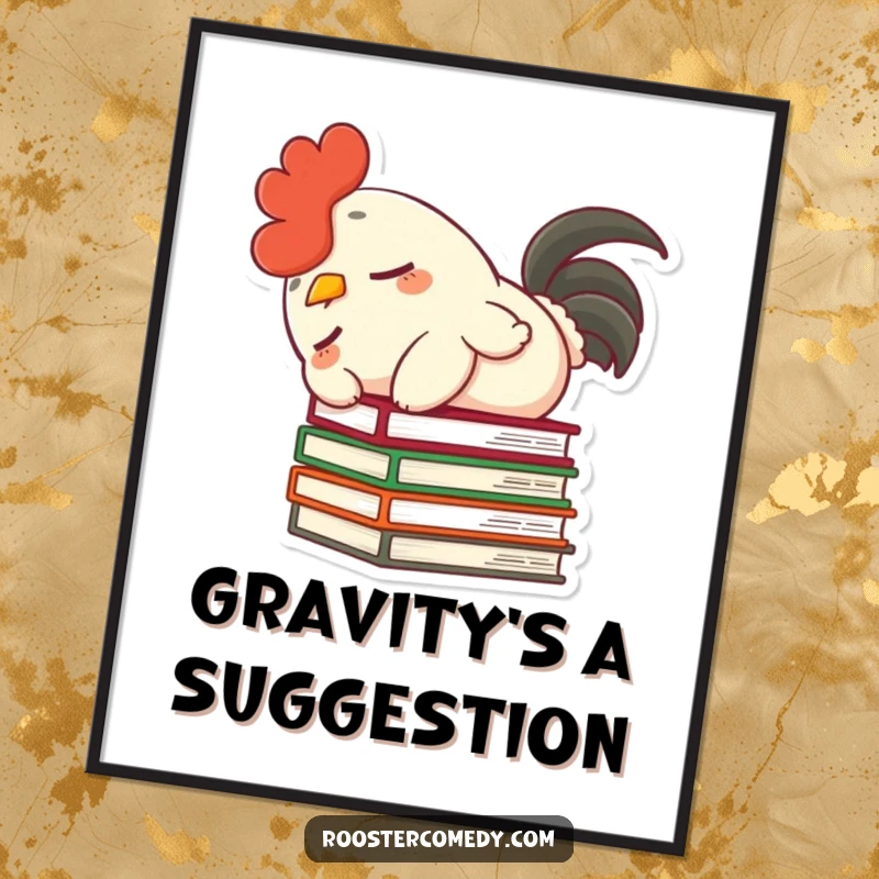 Funny digital art print of a dozing rooster with a fluffy tail, comically toppling books, for instant humorous wall decor.