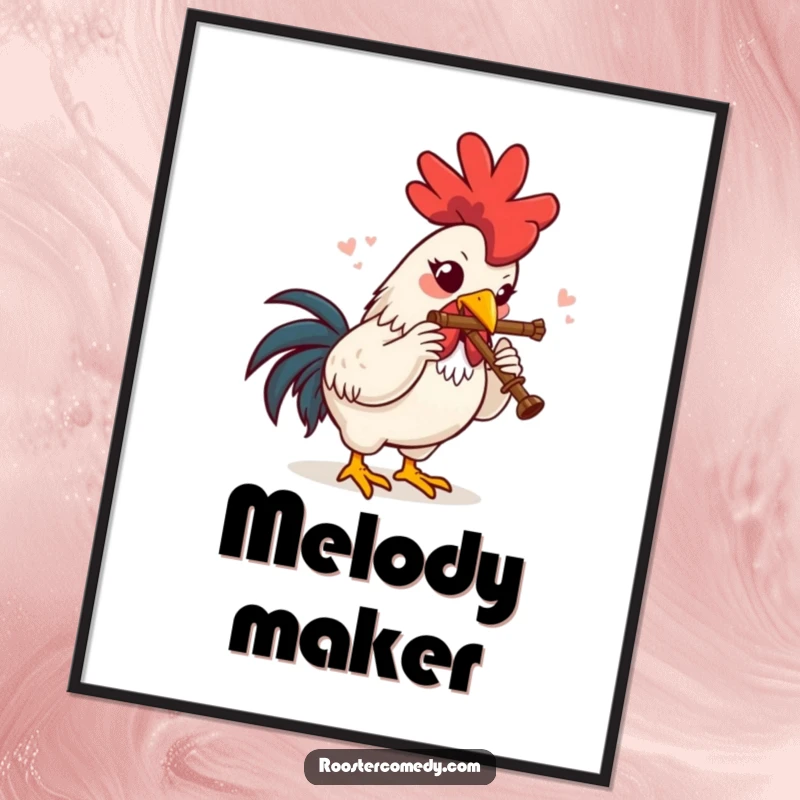 Funny Digital Art Print of a rooster playing a tiny flute with immense delight, a perfect blend of humor and art.