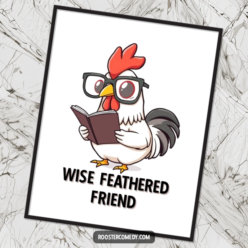 Funny rooster digital art print of a bird wearing oversized spectacles and reading a tiny book. Intellectual and humorous decor.