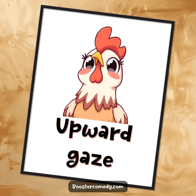 Funny Rooster Sky Surprise Digital Art Print: High-resolution art of a surprised rooster looking up at the sky, for instant humorous wall decor.