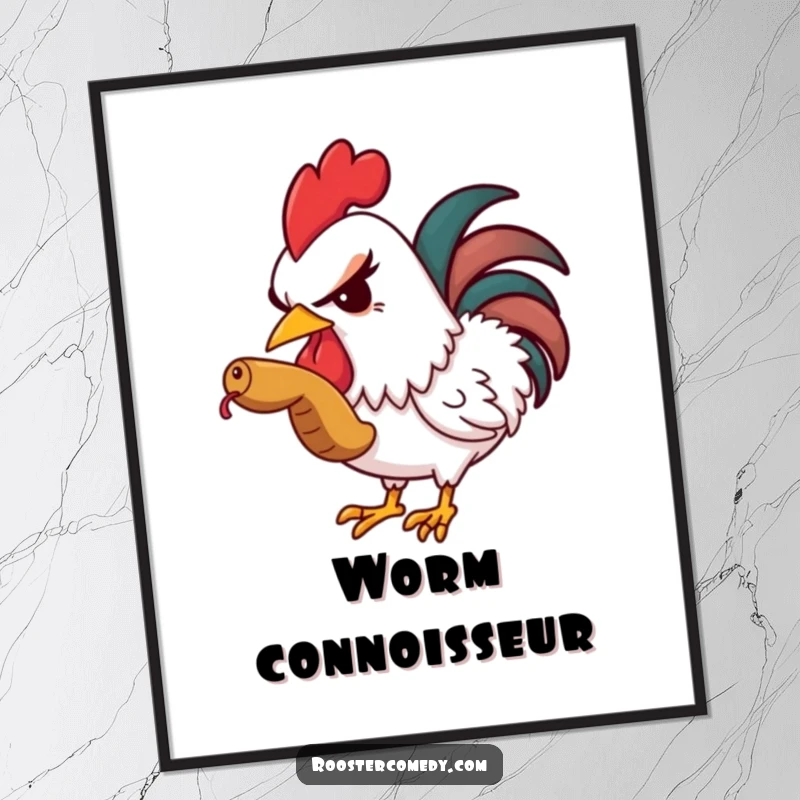 Funny digital art print of a rooster winking as it sneaks a worm, ideal for humorous wall decor.