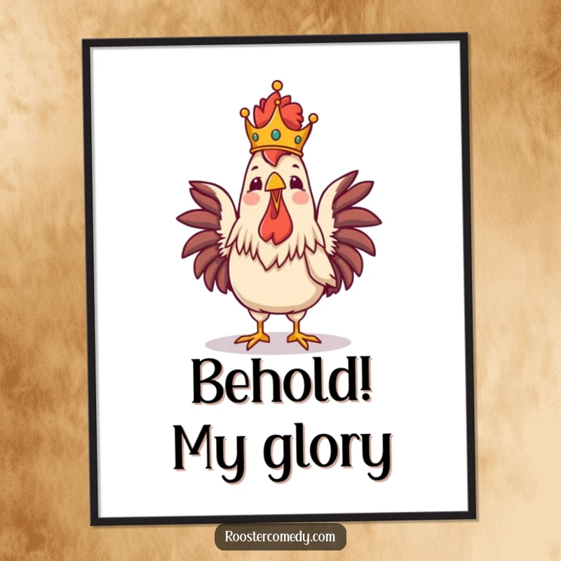 Funny Royal Rooster Crowing Digital Art Print, downloadable artwork of a proud crowned rooster, majestic and funny bird art, instant decor.