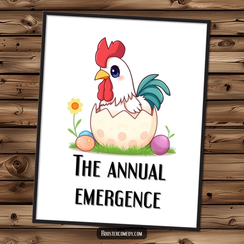 Funny surprise rooster Easter digital art print, wide eyes, popping out of egg, wall decor, instant download.