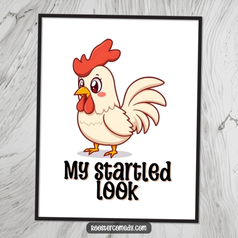Funny surprised rooster digital art print, a high-resolution image of a startled chicken mid-squawk, perfect for vibrant decor.