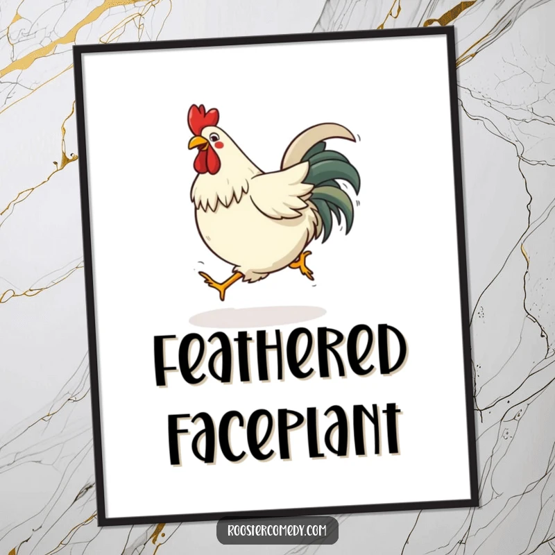 Funny tripping rooster digital art print of a bird comically stumbling, ready to be framed and bring smiles.