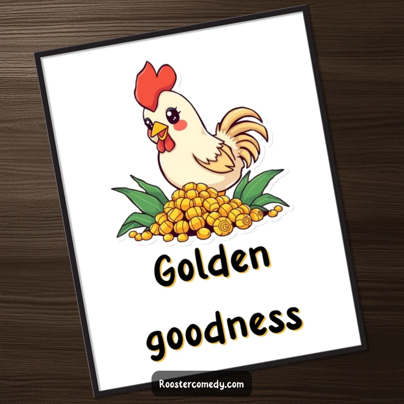 Funny Digital Art Print of a small rooster with bright, sparkling eyes, enthusiastically pecking at a pile of corn, perfect for farm decor.