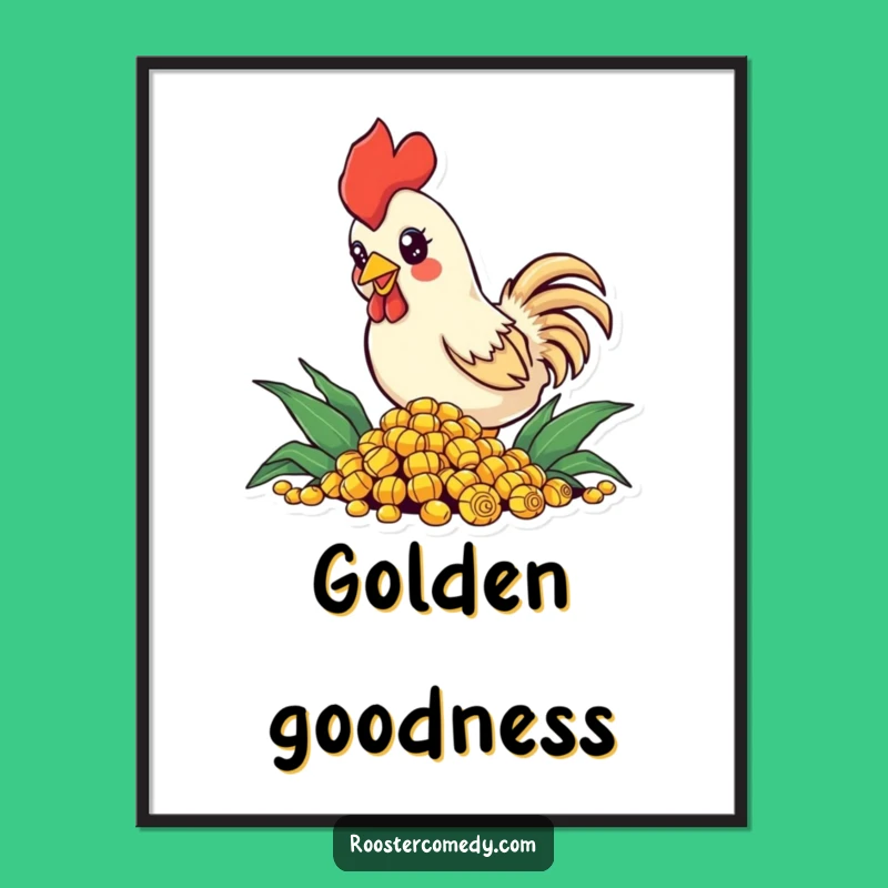 Funny Rooster Digital Art: Sparkling Eye Corn Pecking Print, Humorous Farm Gift