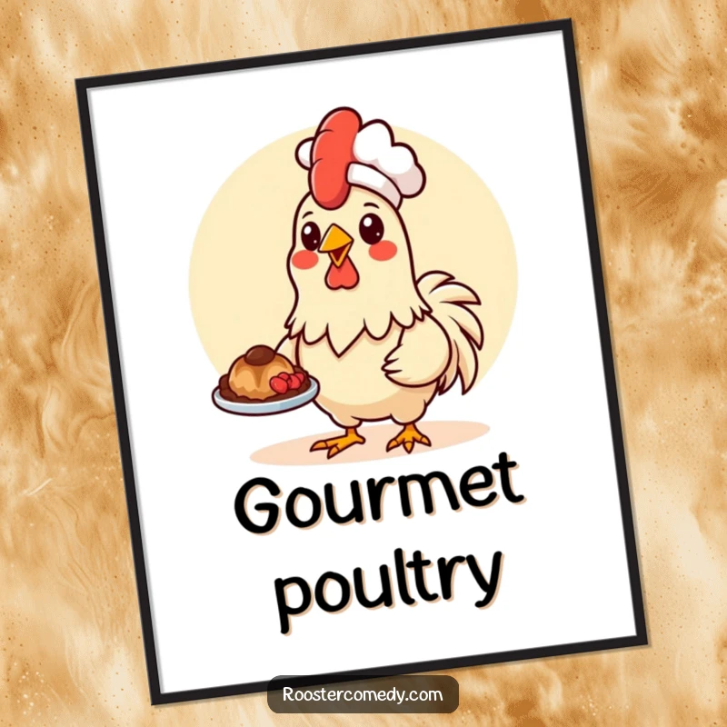 Funny Kawaii rooster wearing a chef hat, presenting food, as a digital art print.