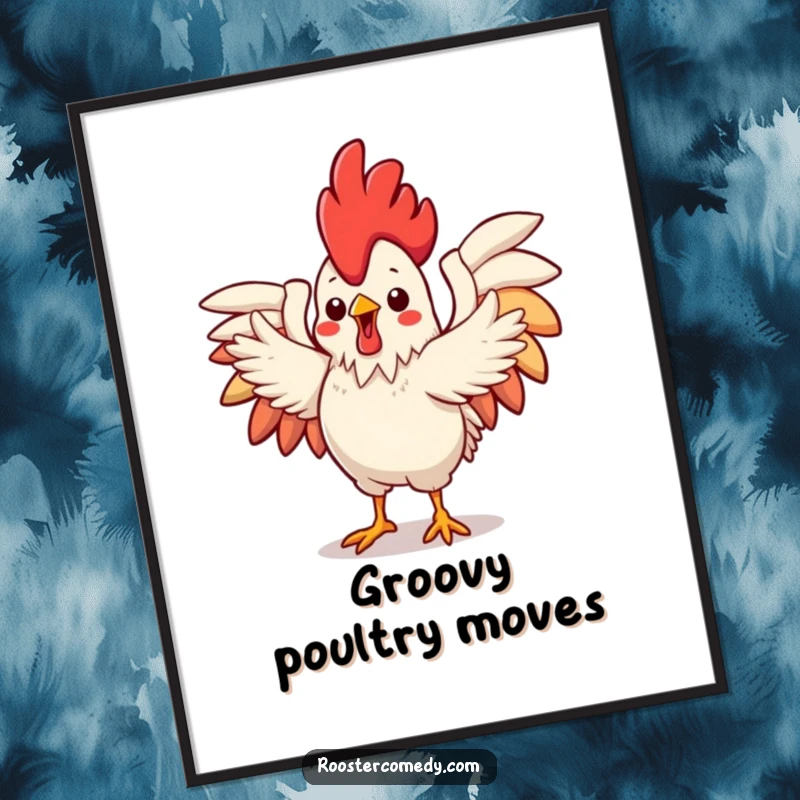 Funny Digital Art Print of a cute Kawaii rooster with wings spread wide, performing a dynamic and flamboyant dance, full of cheer.