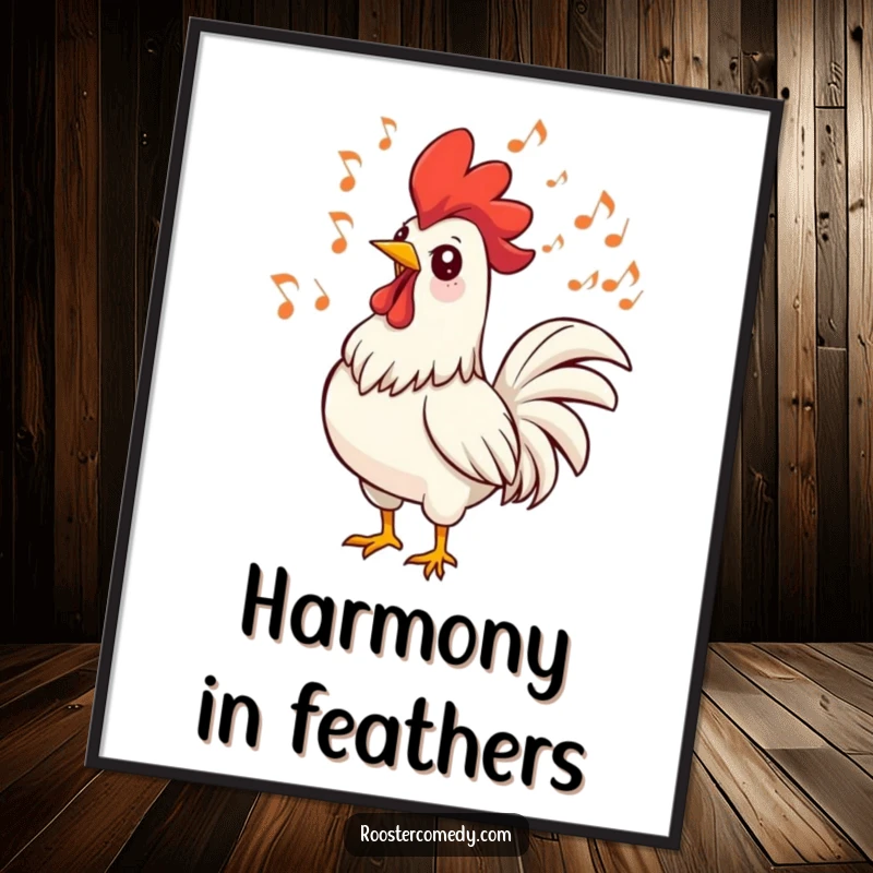 Funny rooster digital art print of a bird singing with swirling music notes. Adds instant musical joy and decor.