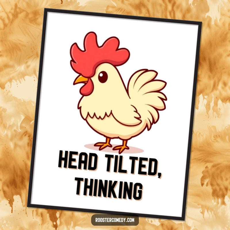 Funny Kawaii Rooster Digital Art Print: An illustration of a cute rooster tilting its head, comb up in curiosity. A perfect funny gift.