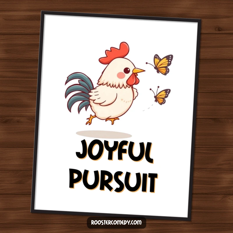 Funny Kawaii Rooster Digital Art Print: A gleeful rooster chases a startled butterfly, instantly downloadable funny gift.