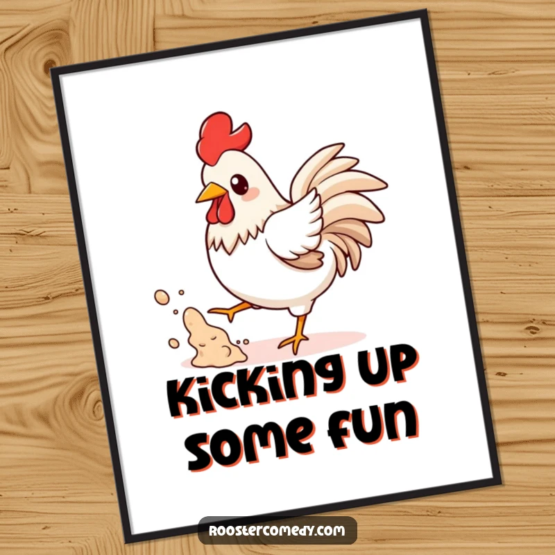 Funny Kawaii Rooster Dust Digital Art Print: A kawaii rooster playfully kicks up dust, a funny and energetic piece for instant decor.