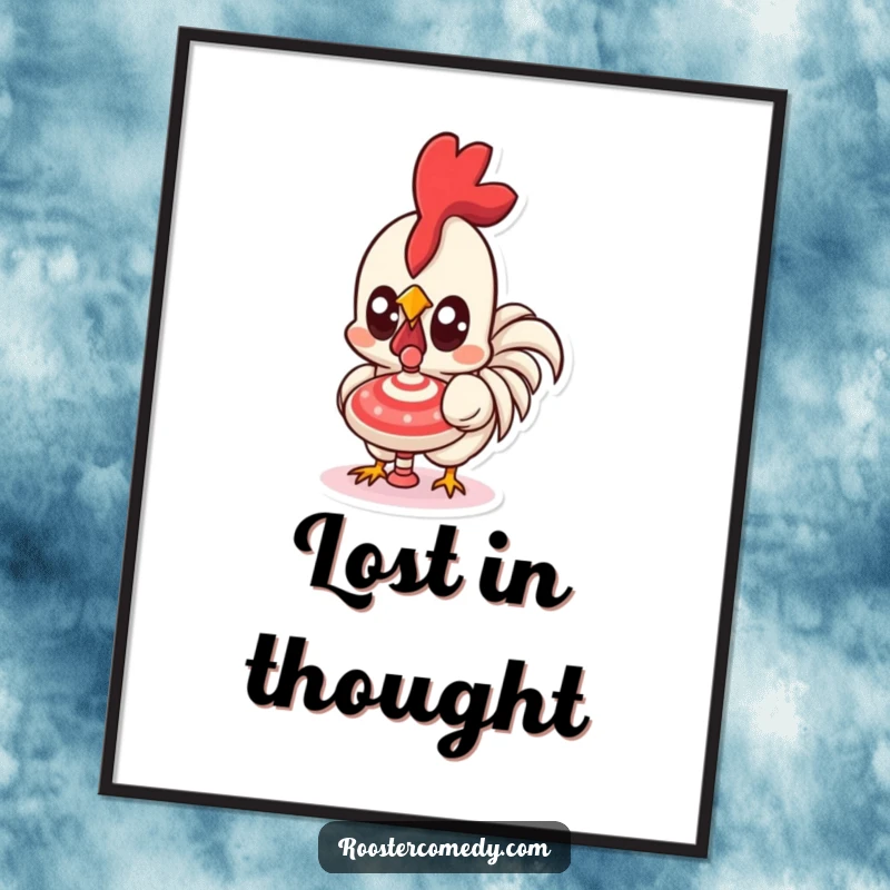 Funny Kawaii Rooster Digital Art Print: An illustration of a cute rooster with large eyes, intently watching a spinning top. A perfect funny gift.
