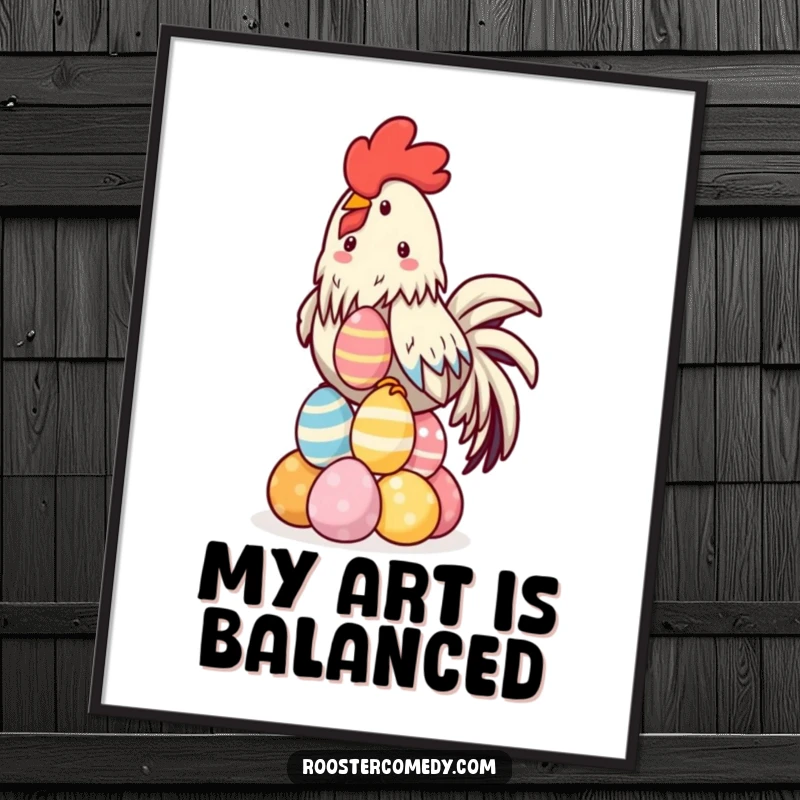 Funny Kawaii Rooster Digital Art Print showing a vibrant illustration of a rooster skillfully balancing a tower of colorful eggs.
