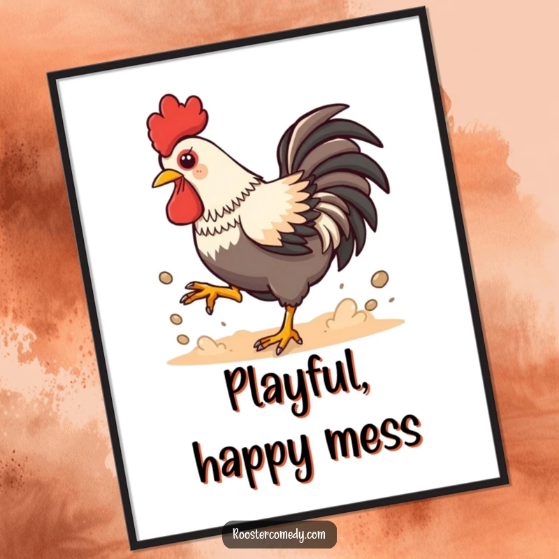 Funny Kawaii Rooster Dust Digital Art Print: Playful chicken kicking up dust energetically, high-resolution artwork for instant dynamic decor.