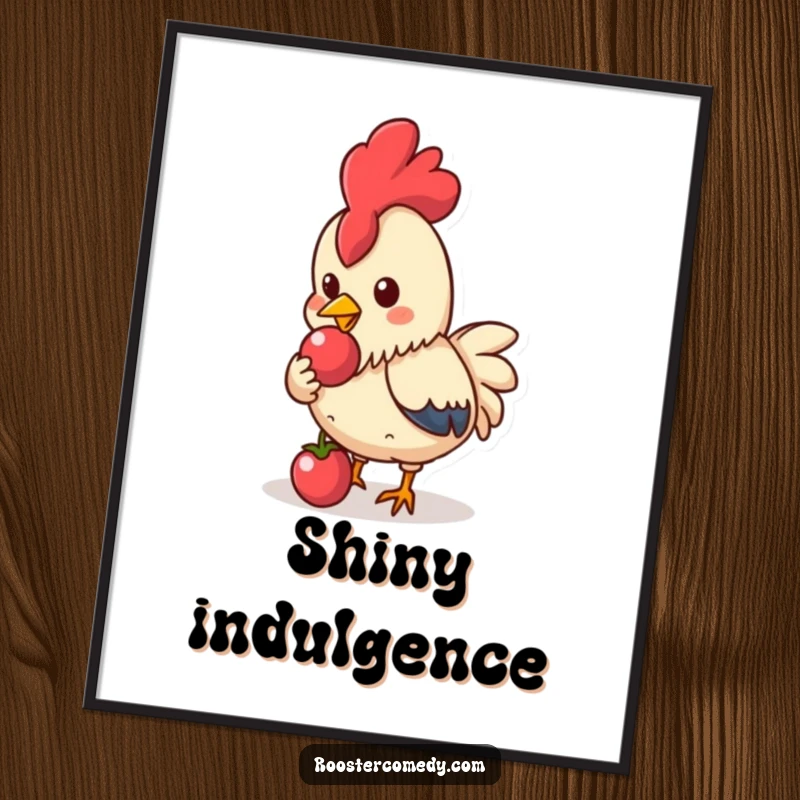 Funny Kawaii Rooster Digital Art Print: Cute rooster pecking a shiny berry, downloadable funny gift.