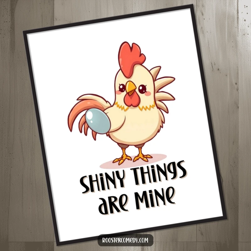 Funny Kawaii Rooster Digital Art: A high-resolution image of a cute rooster pecking at a shiny gem, conveying funny curiosity and charm.