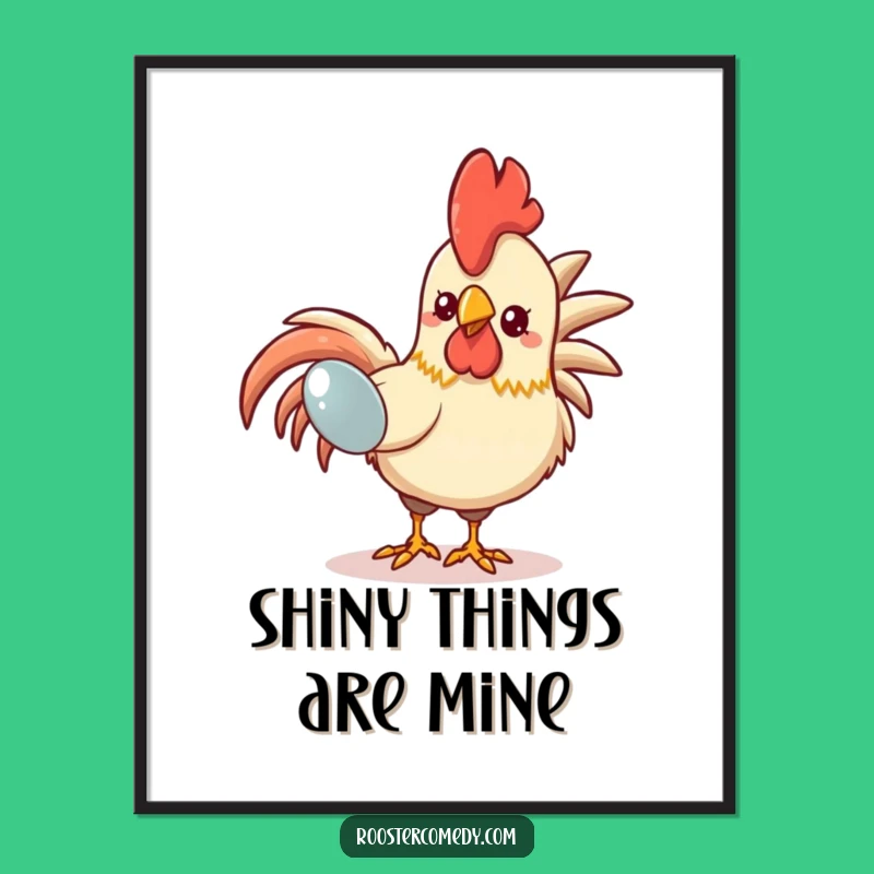 Funny Kawaii Rooster Digital Art: Shiny Object Lover Decor - Instant Funny Gift