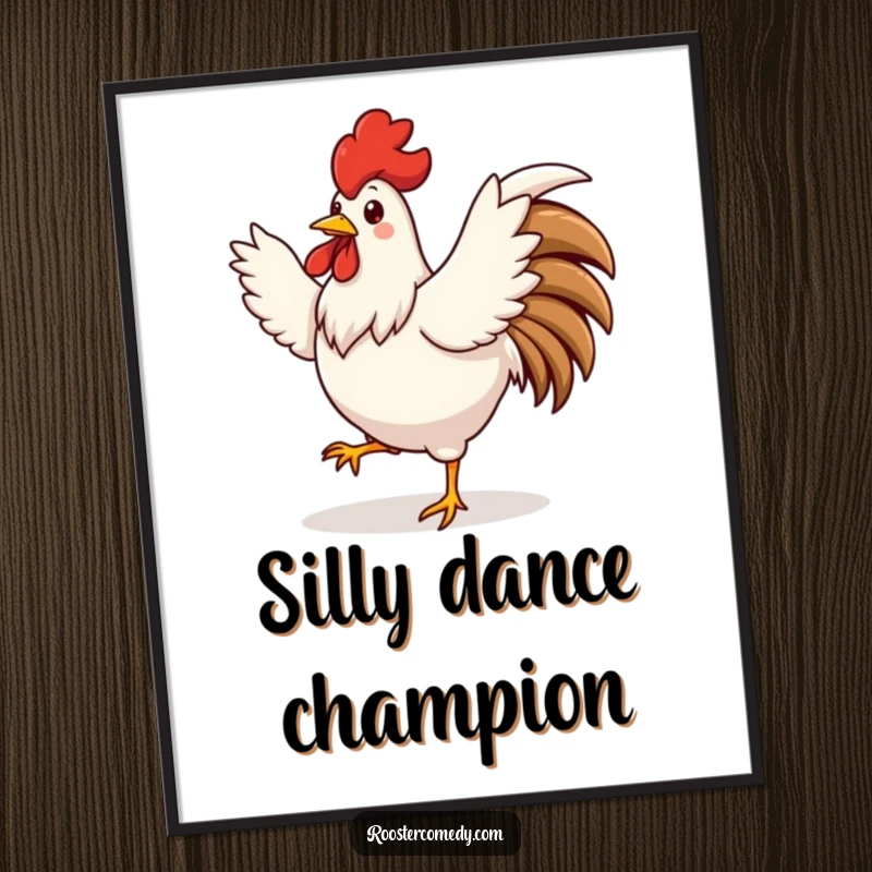 Funny cute rooster digital art print, dancing with wings spread, instant energetic decor, great funny gift.