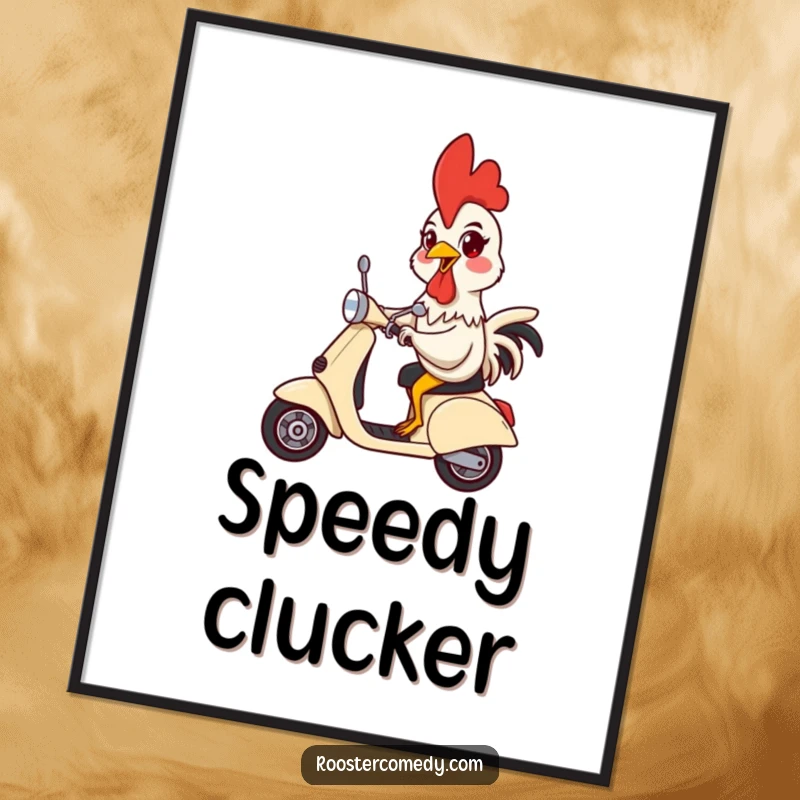 Funny digital art print of a rooster with a silly expression riding a scooter, ideal for humorous wall decor.