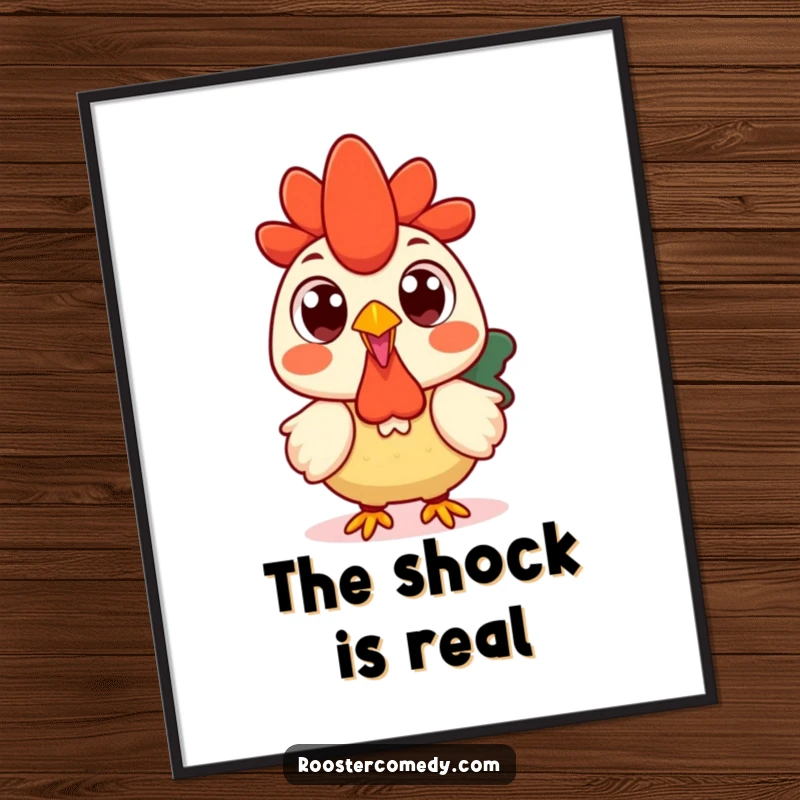 Funny Kawaii rooster digital art print of a surprised rooster with wide, round eyes.