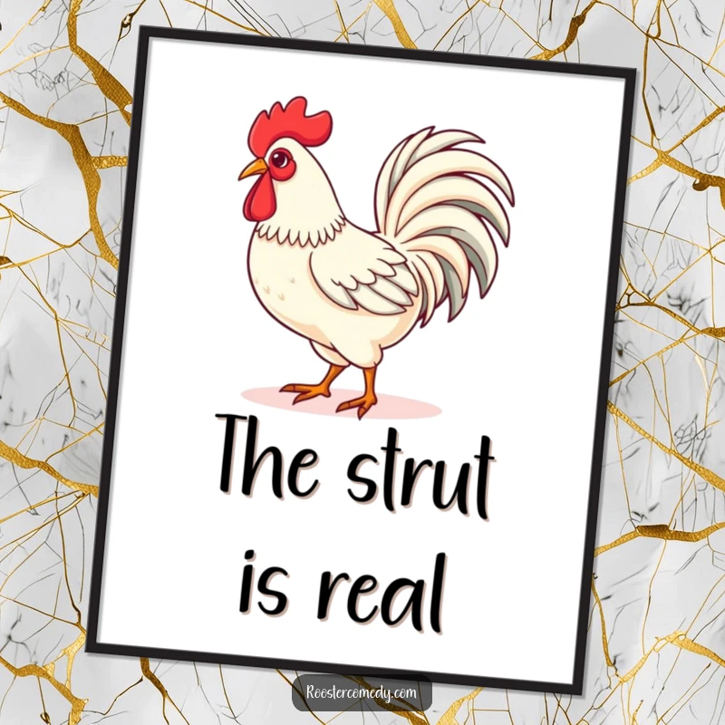 Funny Kawaii rooster digital art print of a cute rooster strutting proudly with its tail feathers fanned, offering instant bold and stylish wall decor.