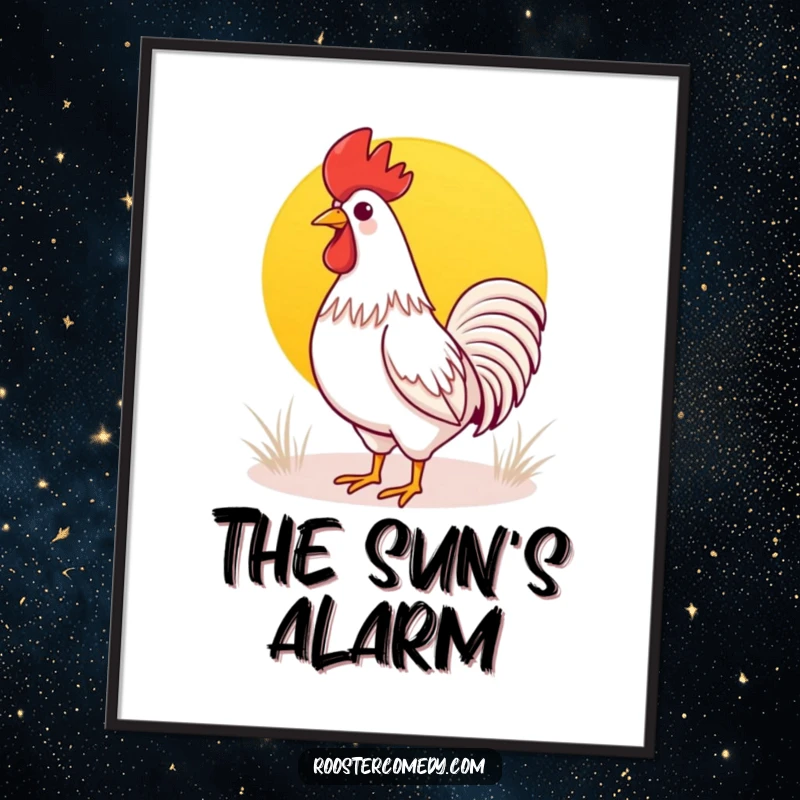 Funny Kawaii rooster digital art print of a cute rooster crowing at a sunrise, offering instant joyful and cheerful wall decor.