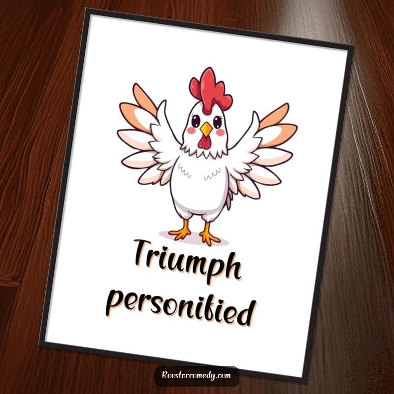 Funny rooster digital art print, a rooster spreading its wings wide triumphantly, symbolizing achievement and pride.