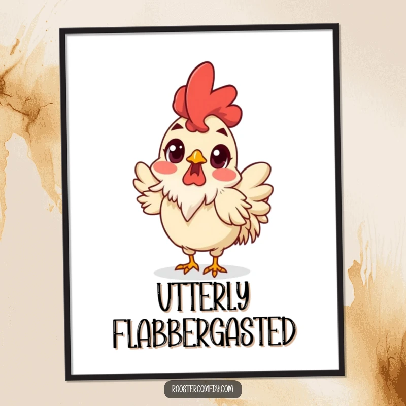 Funny Surprised Rooster Digital Art Print, downloadable artwork of a shocked rooster, wide eyes and ruffled feathers, humorous and funny bird art.