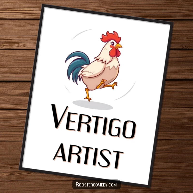 Funny rooster digital art print of a bird playfully chasing its tail in a dizzy circle. Adds instant fun and decor.