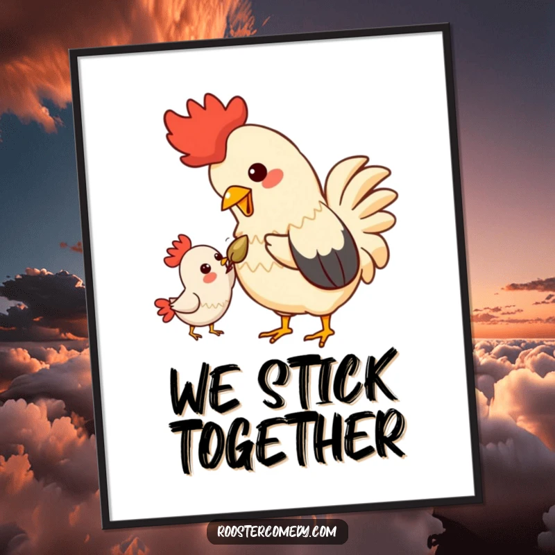 Funny Kawaii Rooster Digital Art: A high-resolution download of a rooster sharing a seed, perfect for framing.