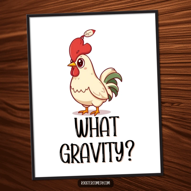 Funny Rooster Digital Art Print, showing a bird looking up in comical surprise at a feather, vibrant humor.