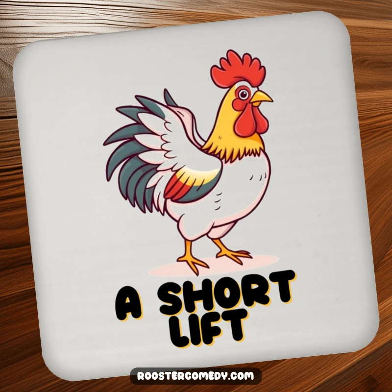 Funny drink coaster with a rooster happily flapping its wings as if flying a short distance, protecting surfaces with optimistic charm.