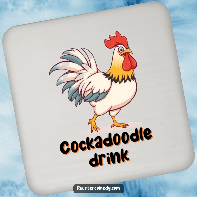 Funny drink coaster with a strutting rooster boasting a comically large comb, adding humor to your table.