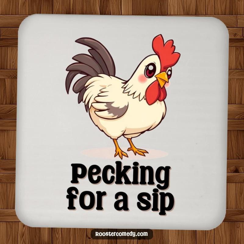 Funny curious rooster drink coaster, featuring a rooster with bright eyes pecking the ground, protecting tables with charm.