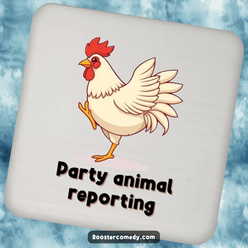 Funny rooster coaster, illustrating a rooster dancing with energetic leg kicks and wing flaps, bringing a fun vibe to surfaces.