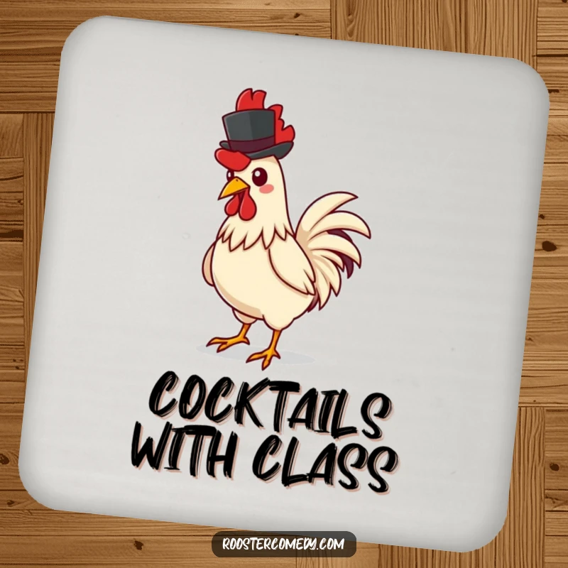 Funny rooster coaster, depicting a rooster confidently strutting with a miniature top hat, adding a whimsical and stylish touch.