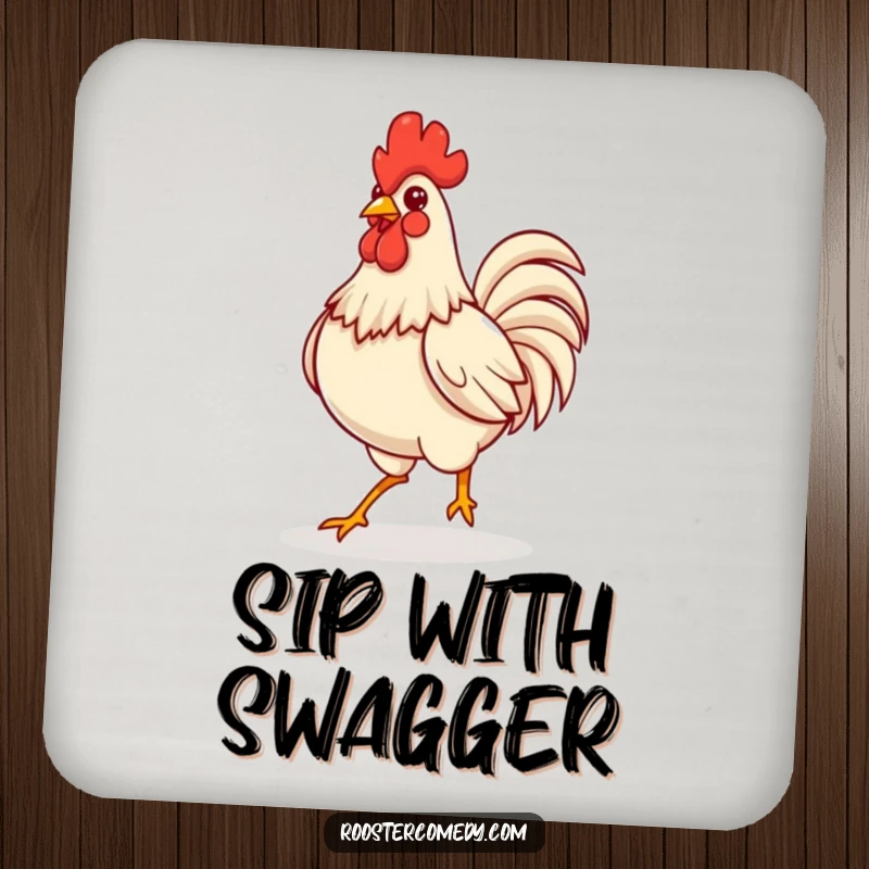 Funny Kawaii rooster strutting confidently with puffed chest, featured on a protective drink coaster.